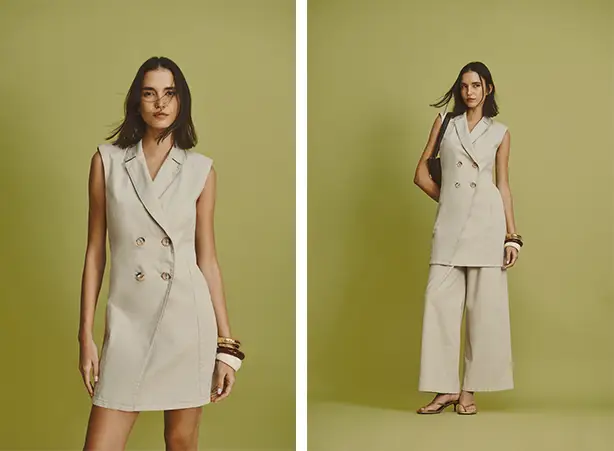 Conjunto de pantalona e vestido transpassado com gola de lapela 