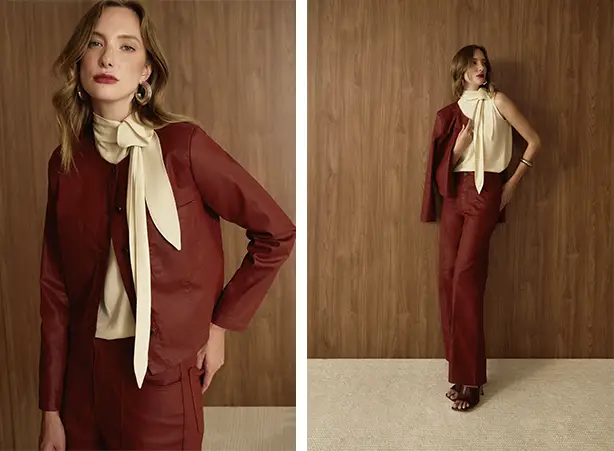 Conjunto feminino resinado em tom de marrom avermelhado 