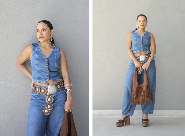 Look all jeans com calça barrel e colete Look all jeans com calça barrel e colete