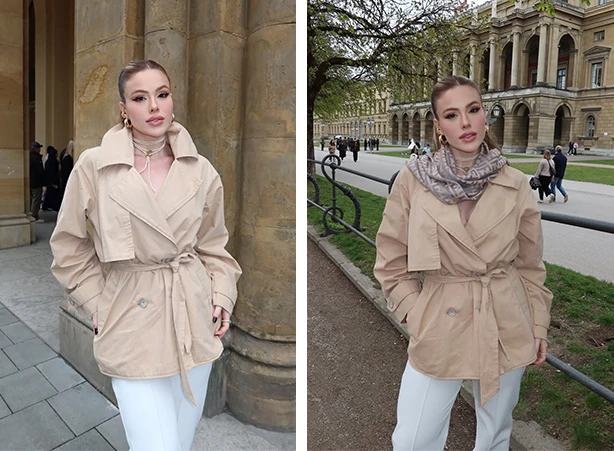 Look com calça branca e trench coat