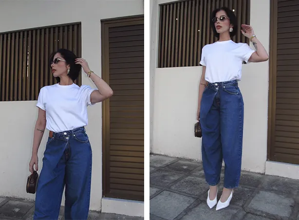 Look com calça barrel com cós assimétrico e camiseta branca Look com calça barrel com cós assimétrico e camiseta branca