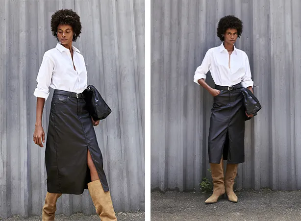 Looks estilosos com saia midi resinada Looks estilosos com saia midi resinada