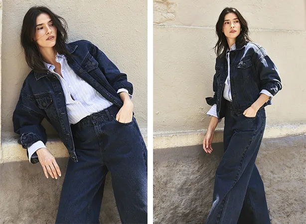 Conjunto em denim com jaqueta e calça wide leg Conjunto em denim com jaqueta e calça wide leg