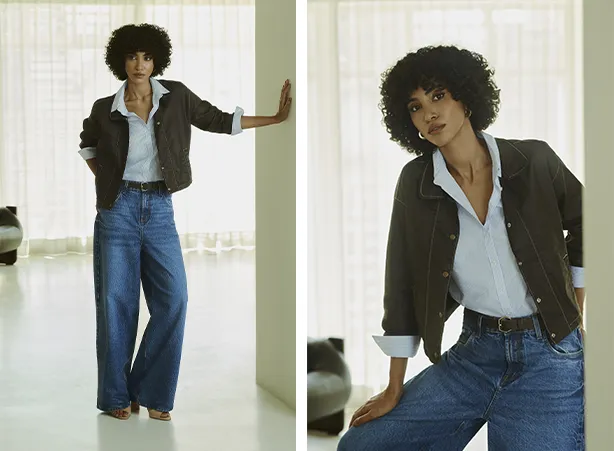 Looks com camisa social feminina e jaqueta jeans resinada Looks com camisa social feminina e jaqueta jeans resinada