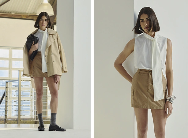 Look com casaco e saia curta