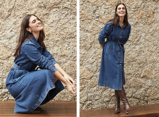 Look com casaco jeans e bota de cano longo