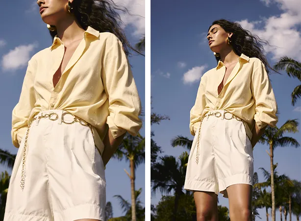 Look despojado com camisa social feminina em tom de amarelo claro Look despojado com camisa social feminina em tom de amarelo claro