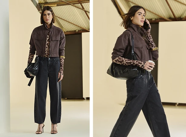 Sobreposição com a jaqueta marrom e calça jeans preta