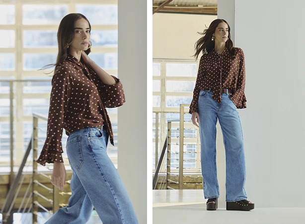 Look com calça jeans e blusa de estampa poá