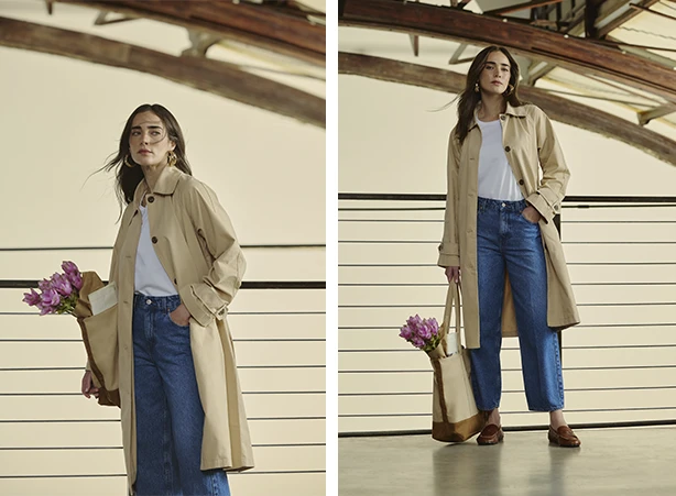 Composição com camiseta branca e trench coat