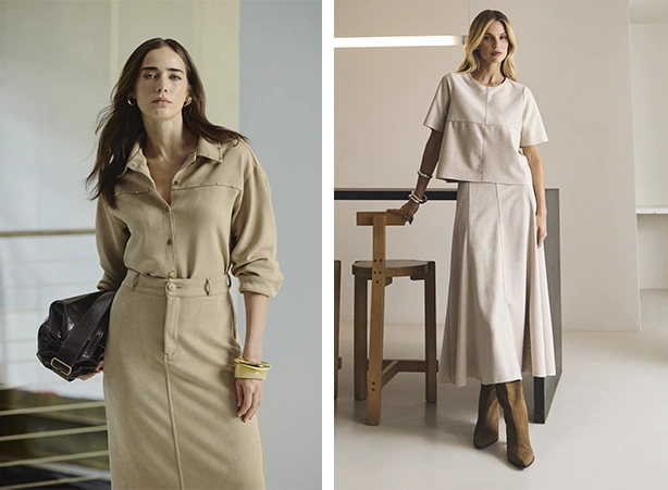 Look monocromático com saia midi