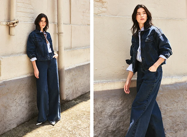Conjunto all denim de wide leg e jaqueta Conjunto all denim de wide leg e jaqueta