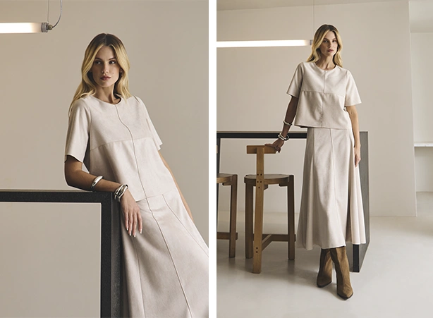 Looks com saia e blusa em bege claro Looks com saia e blusa em bege claro