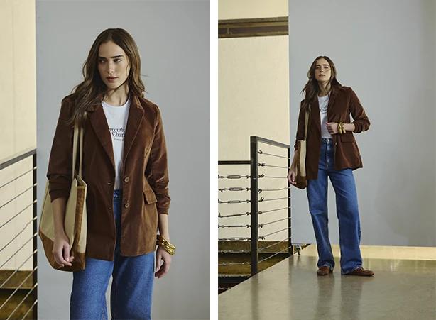 Look com blazer de veludo cotelê marrom