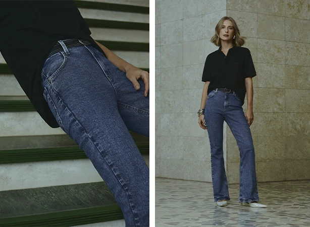 Look feminino de calça jeans com elastano Look feminino de calça jeans com elastano