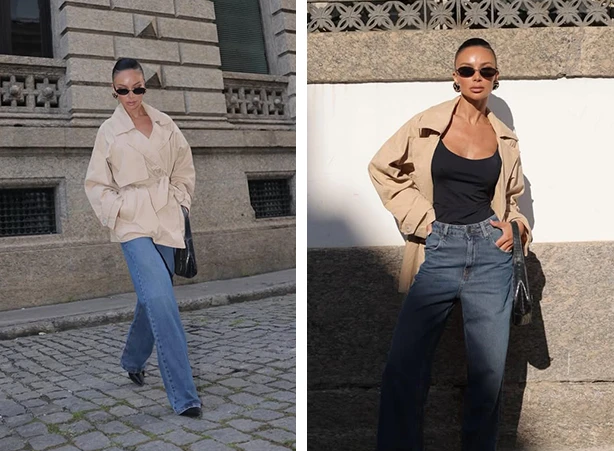 Jeans 100% algodão e trench coat bege Jeans 100% algodão e trench coat bege