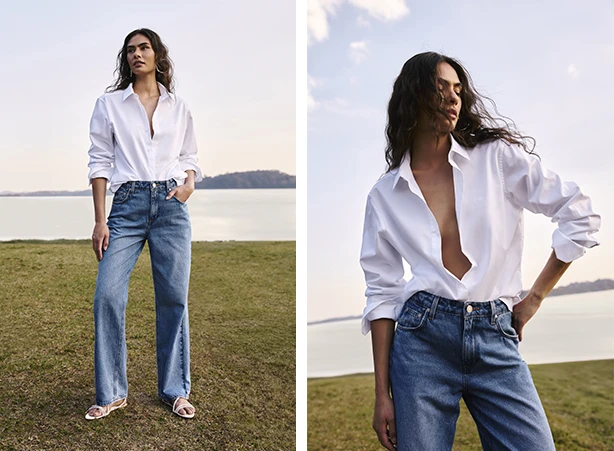 Looks com calça jeans reta e camisa branca Looks com calça jeans reta e camisa branca