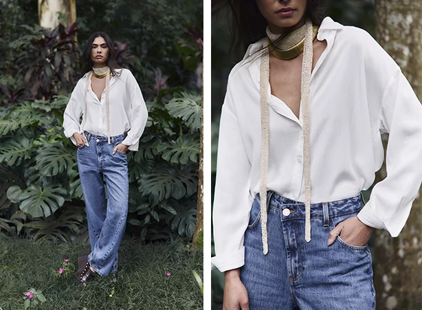 Produção com camisa branca e jeans com elastano Produção com camisa branca e jeans com elastano