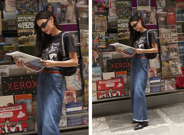 Looks meia-estação com saia jeans Looks meia-estação com saia jeans