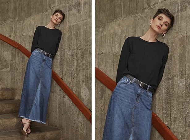 Looks meia-estação com saia jeans longa Looks meia-estação com saia jeans longa