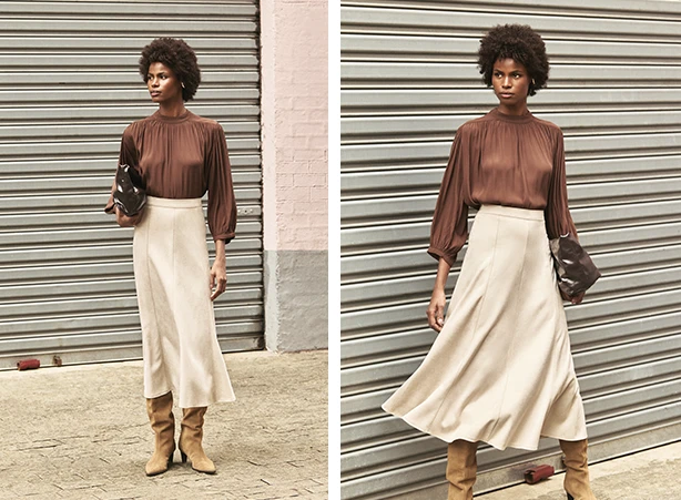 Look com meia-estação feminino com saia midi Look com meia-estação feminino com saia midi
