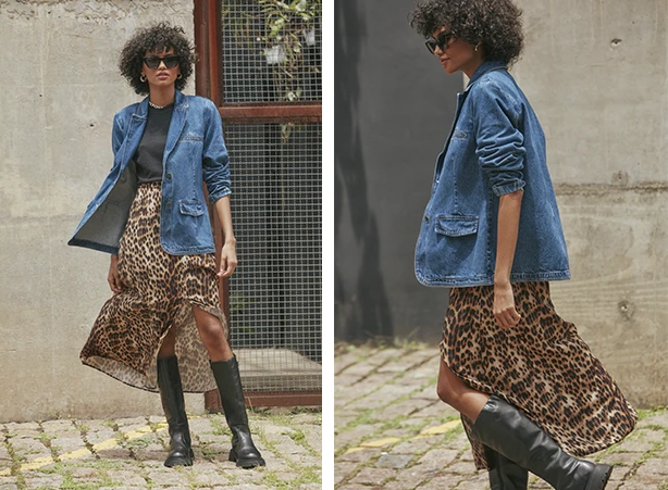 Look com saia midi em animal print Look com saia midi em animal print