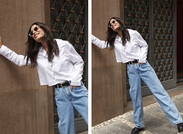Look feminino com calça jeans clara e camisa Look feminino com calça jeans clara e camisa