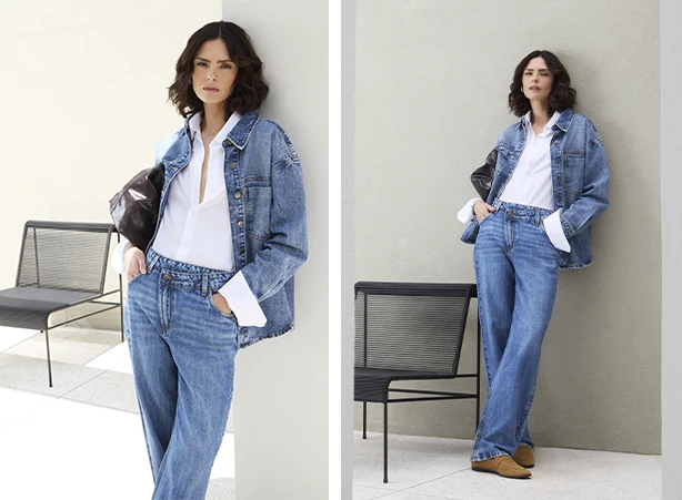Look com jaqueta em denim com elastano Look com jaqueta em denim com elastano