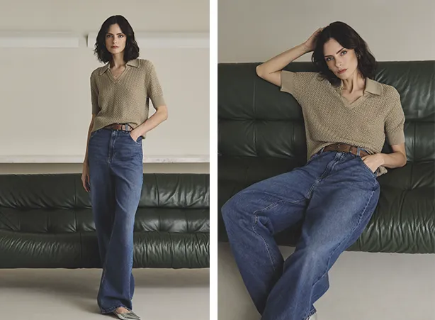 Look com calça jeans wide leg Look com calça jeans wide leg