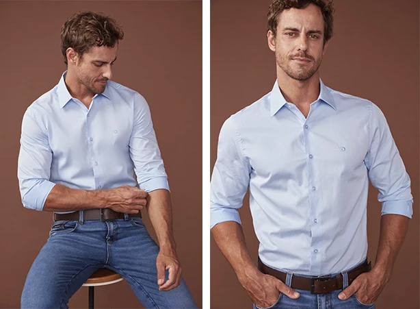 Look com camisa social e calça jeans em tom médio