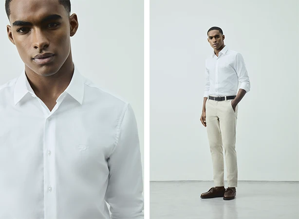 Look masculino com camisa de algodão peruano branca e calça chino