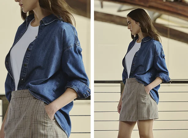 Camisa como terceira peça e saia xadrez curta