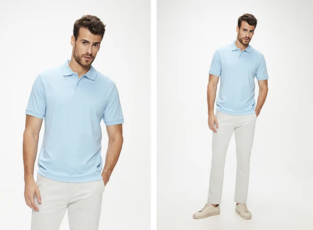 Look de camisa polo algodão peruano e calça em tom claro