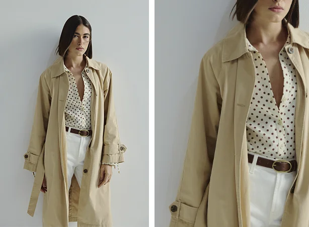 Look com terceira peça feminina: casaco trench coat bege