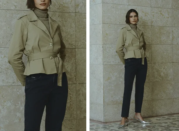 Modelagem mom com trench coat curto Modelagem mom com trench coat curto