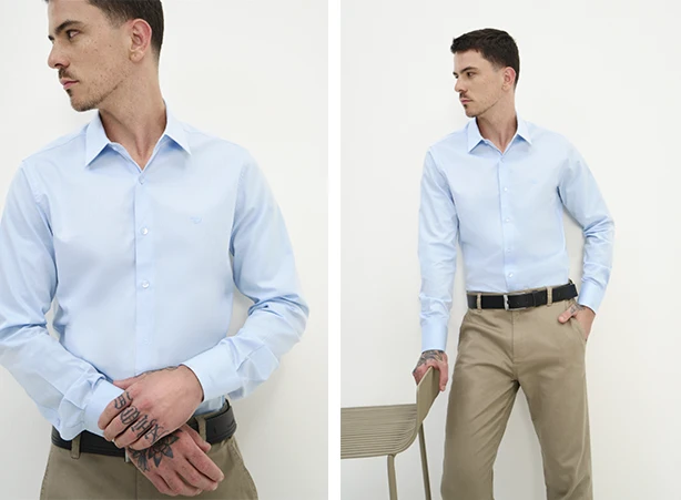 Looks com camisa social masculina em tom de azul