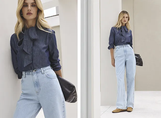 Look all denim com wide leg delavé Look all denim com wide leg delavé