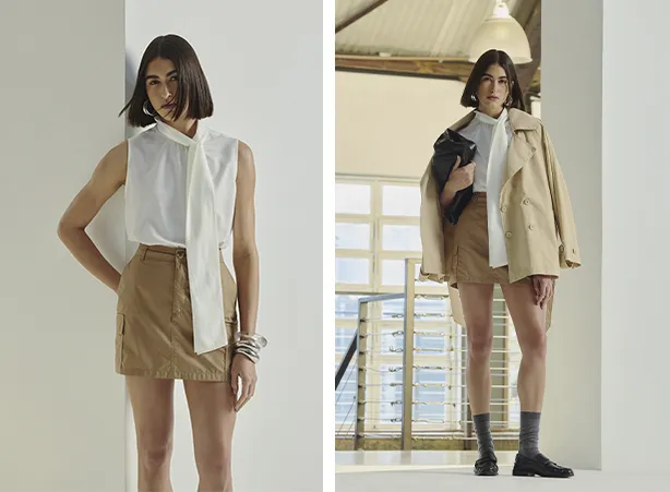 Looks femininos com blusa de gola laço e bolsos cargo na saia