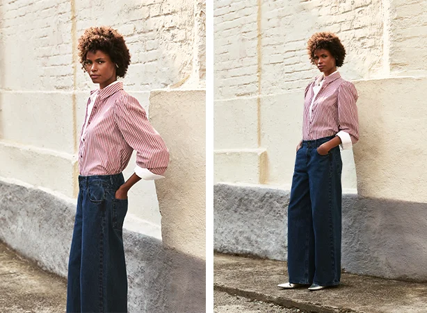 Look elegante com calça jeans e uma sobreposição de camisas Look elegante com calça jeans e uma sobreposição de camisas