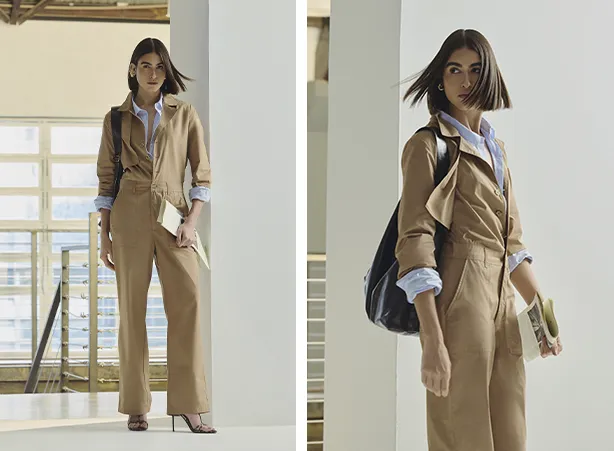 Look com macacão bege de sarja