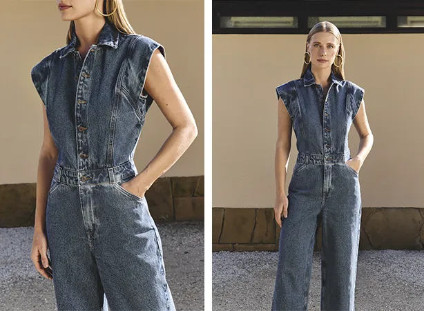 Look de macacão com modelagem reta cropped e com corte estruturado