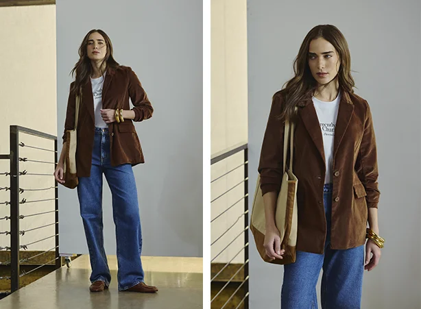 Look casual com jeans e blazer marrom em veludo cotelê
