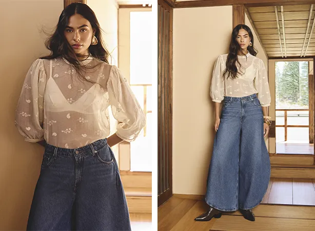 Look com calça jeans balloon e blusa com transparência