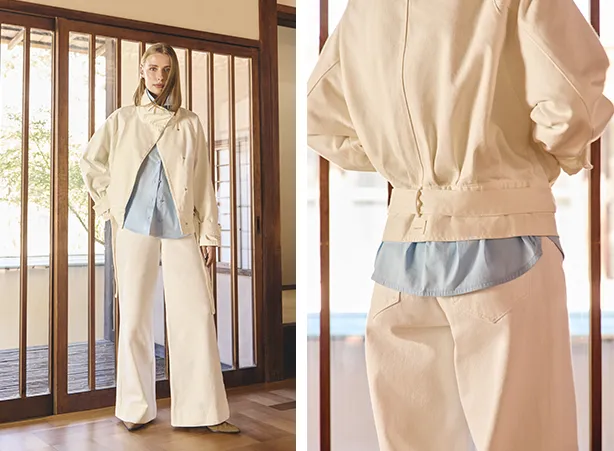 Conjunto com jaqueta funnel neck off-white e calça