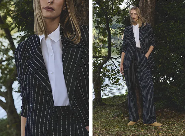 Conjunto listrado com blazer e calça wide leg com risca de giz