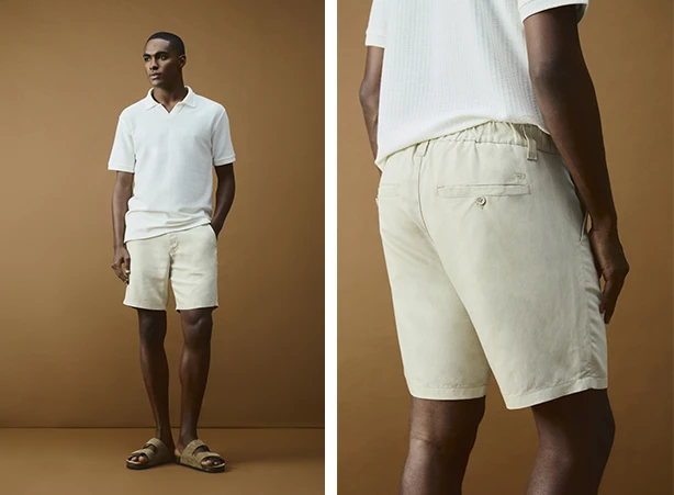 Look masculino com bermuda de linho e polo minimalista Look masculino com bermuda de linho e polo minimalista