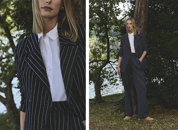 Conjunto em denim escuro com padronagem listrada minimalista