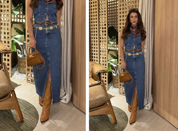 Look all jeans com aia longa e bota