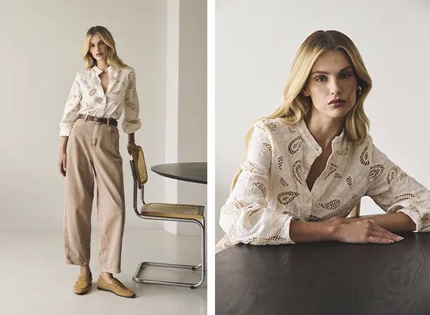 Produção com camisa e calça barrel em lavagem marrom