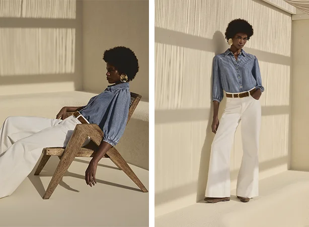 Looks femininos com pantalona off-white e camisa jeans